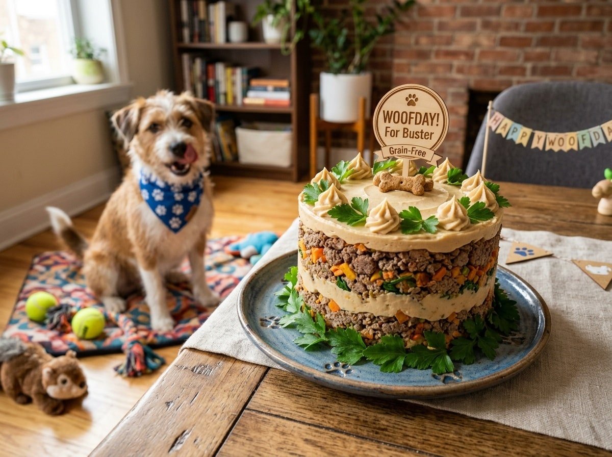Grain-Free Meat Layer Cake for Dogs on a plate, decorated with frosting and parsley, with a happy dog in the background.