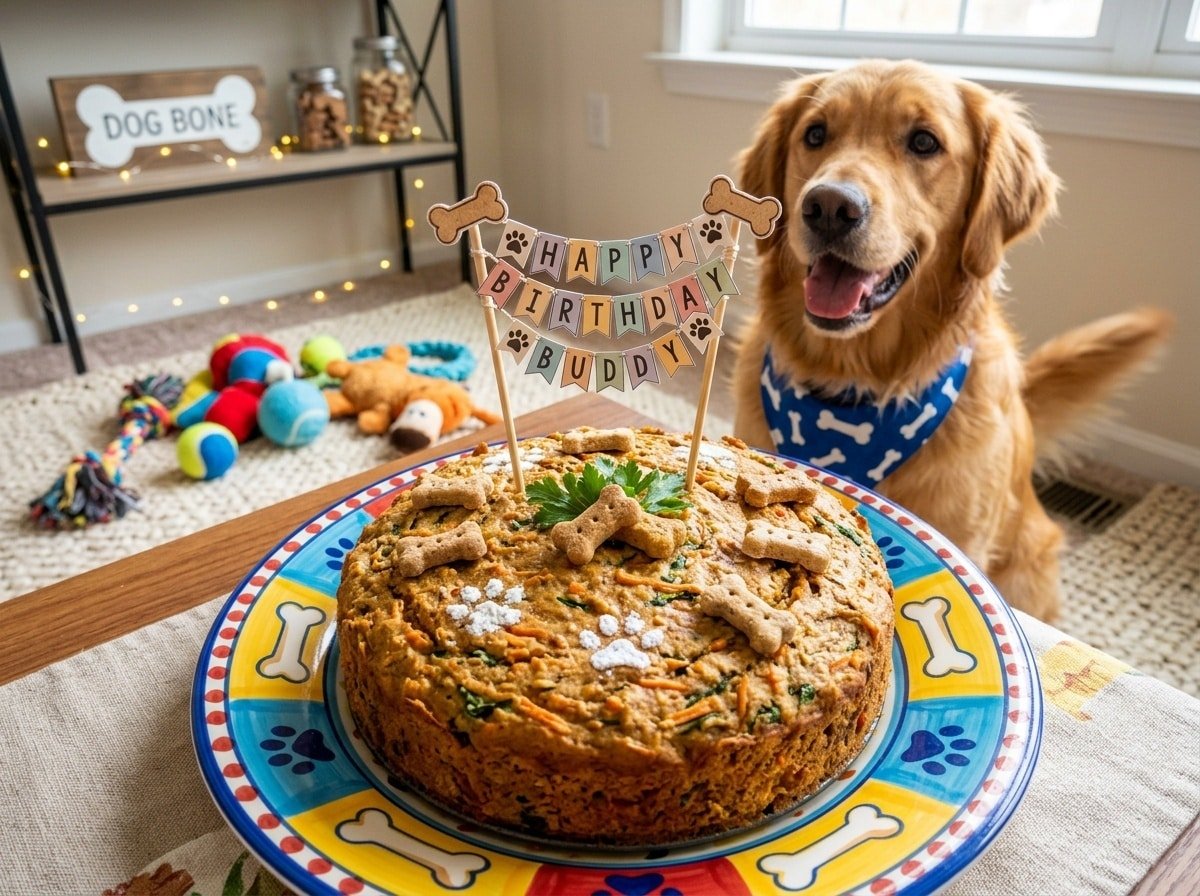 A homemade veggie dog cake on a plate, decorated with dog bones, in a pet-friendly environment.
