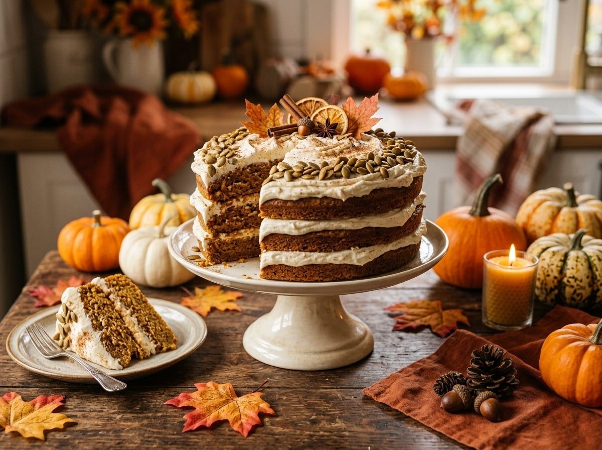 Festive Pumpkin Harvest Layer Cake with cream cheese frosting and pumpkin seeds, decorated for autumn.