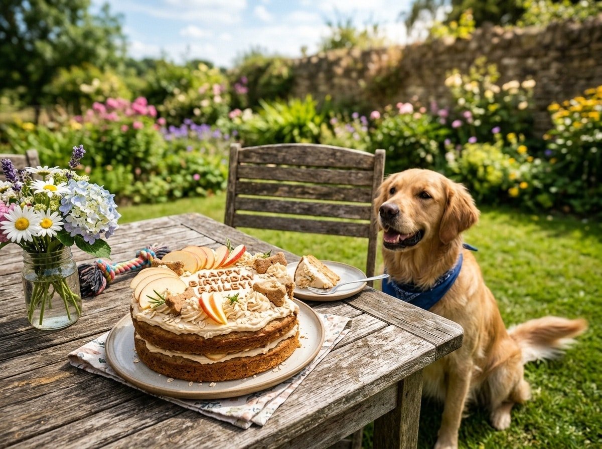 A homemade dog cake decorated with apples and peanut butter, with a happy dog beside it in a garden.