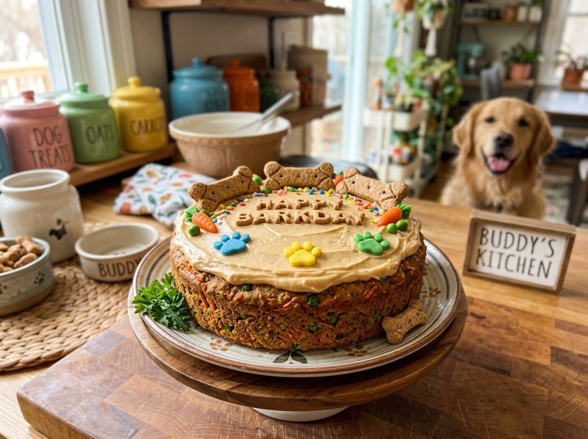A colorful Garden Veggie Dog Cake with peanut butter frosting and dog biscuits on top, perfect for celebrating a dog