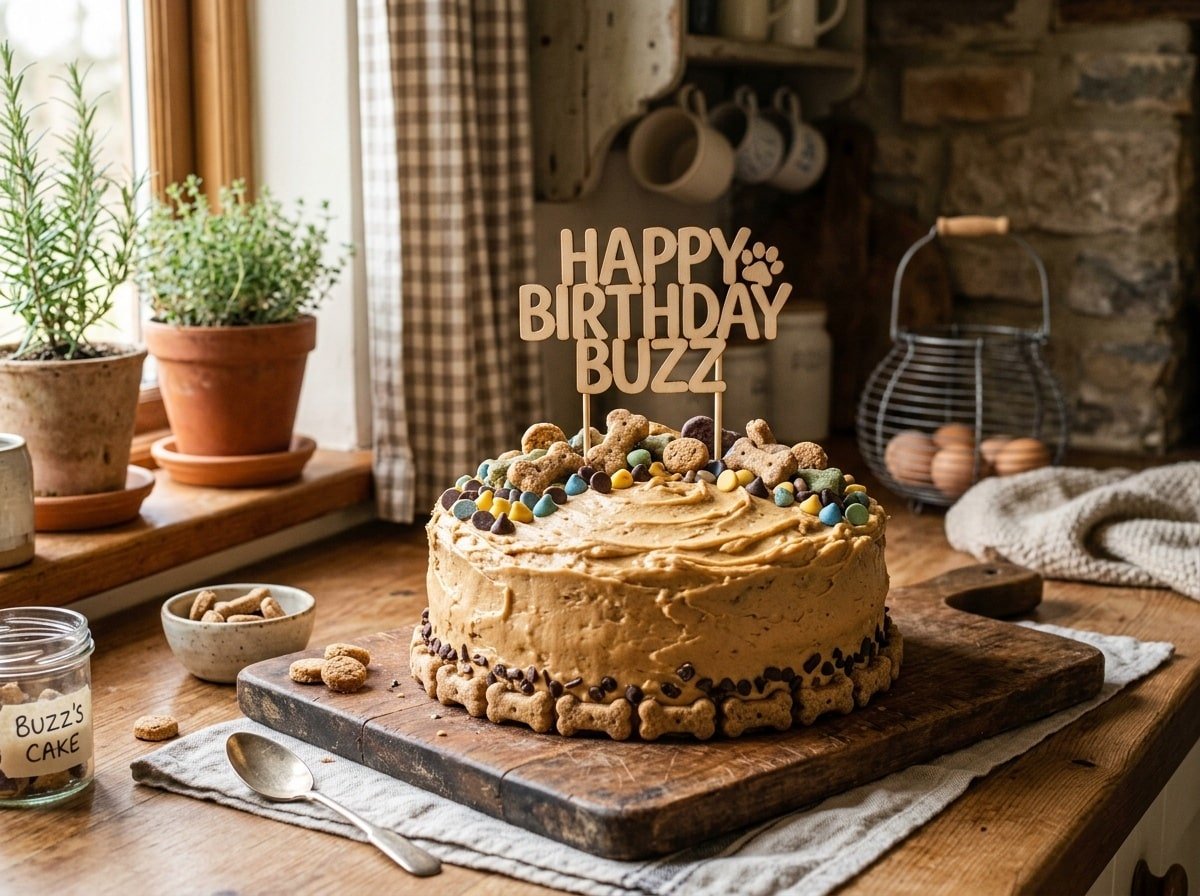A dog-friendly farmhouse birthday cake decorated with peanut butter frosting and dog treats on a rustic wooden table.