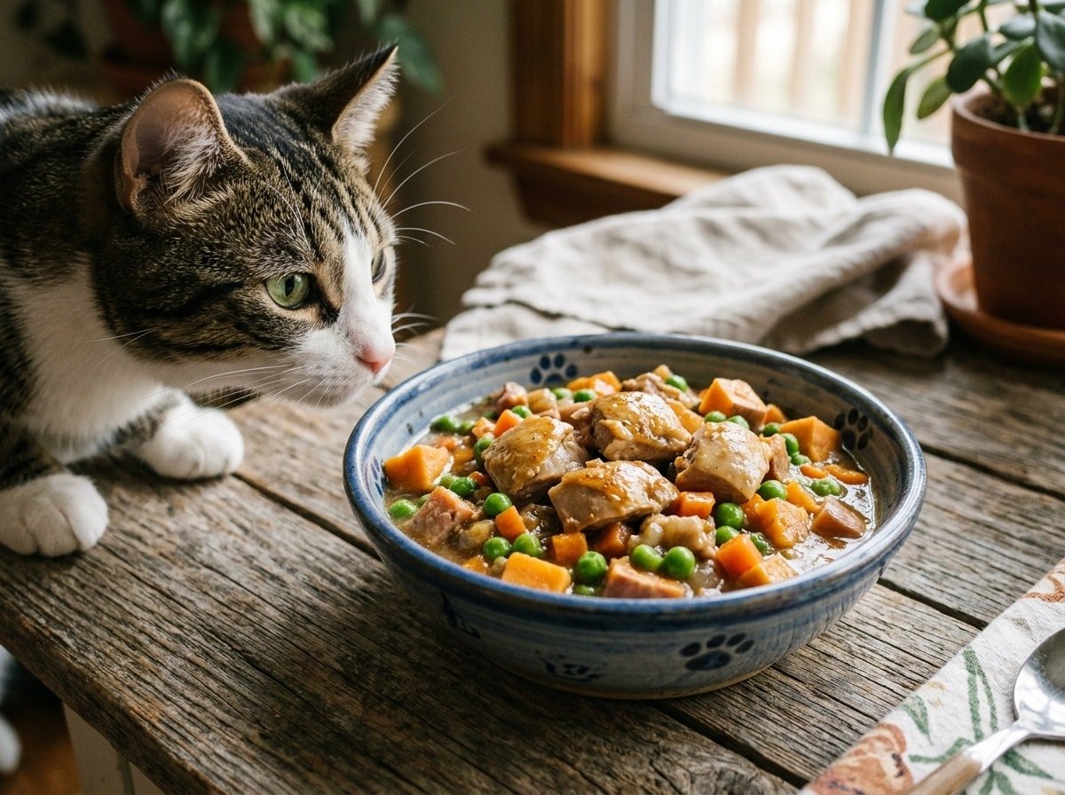 A bowl of homemade Quail and Sweet Potato cat food with peas, carrots, ready to serve to a pet.