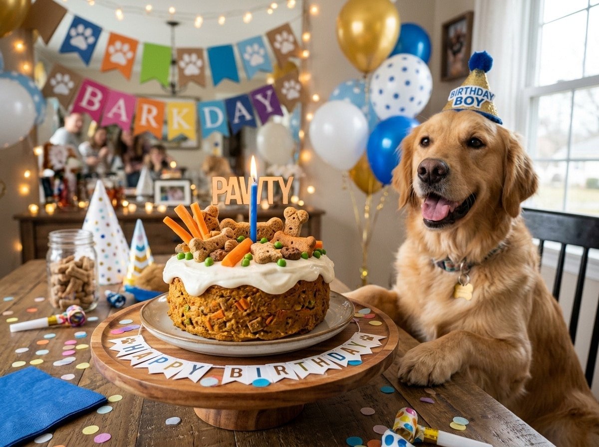 Homemade pumpkin birthday cake for a dog with yogurt frosting and decorations, surrounded by party decor.