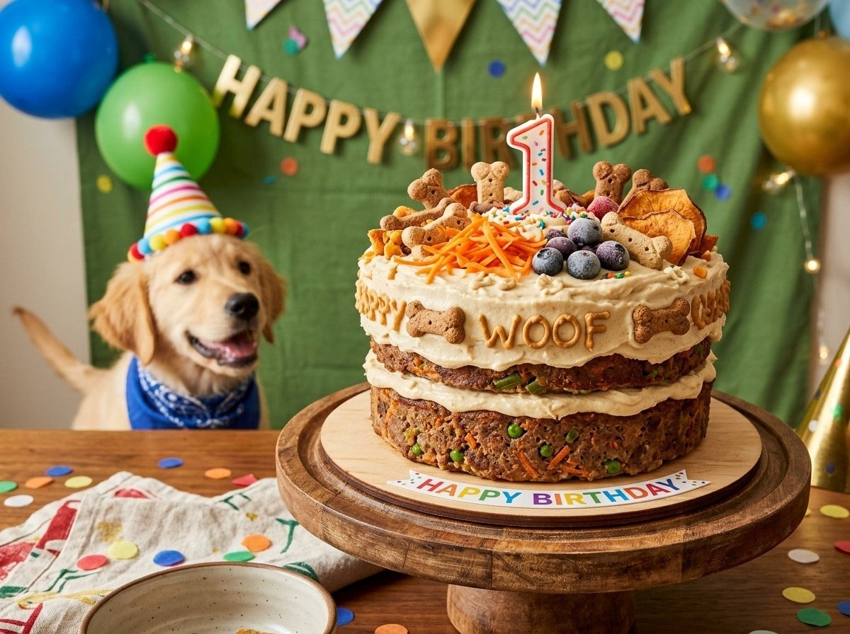 Celebration meatloaf layer cake for dogs, frosted with yogurt and peanut butter, decorated with carrots and dog treats in a festive birthday setting.