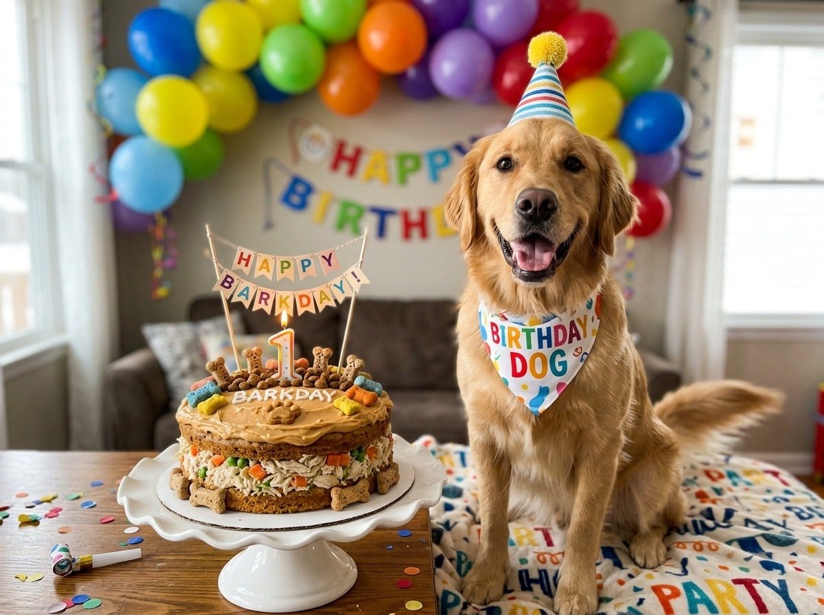 A happy dog in front of a chicken vegetable birthday cake, decorated for a dog