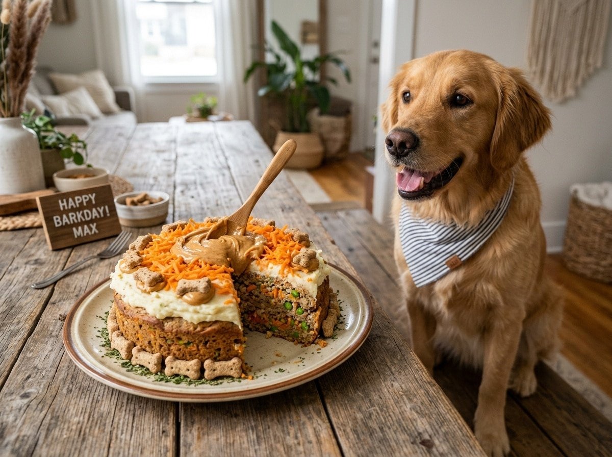 Turkey and veggie cake for dogs topped with carrots and peanut butter on a wooden table.