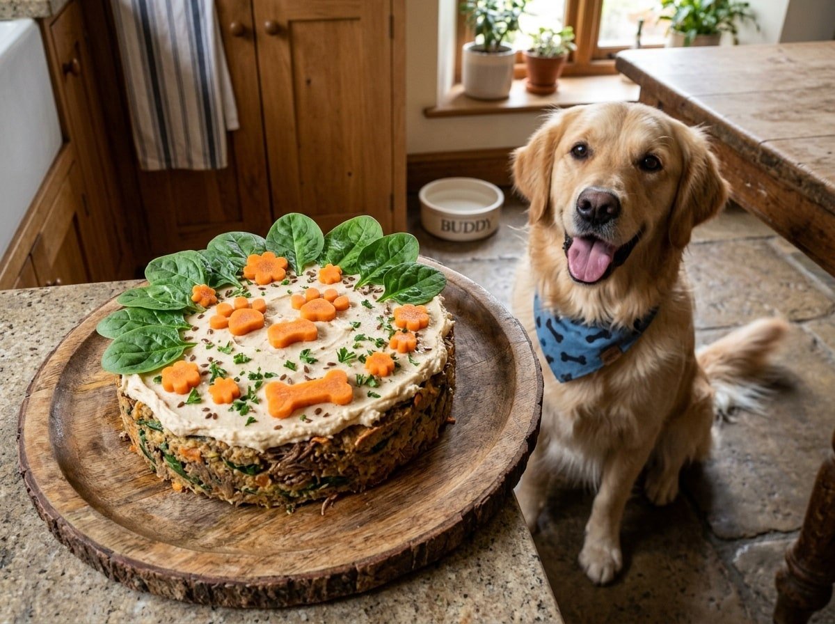 Beef and spinach cake for dogs on a wooden plate with spinach and carrot garnish, and a happy dog beside it.
