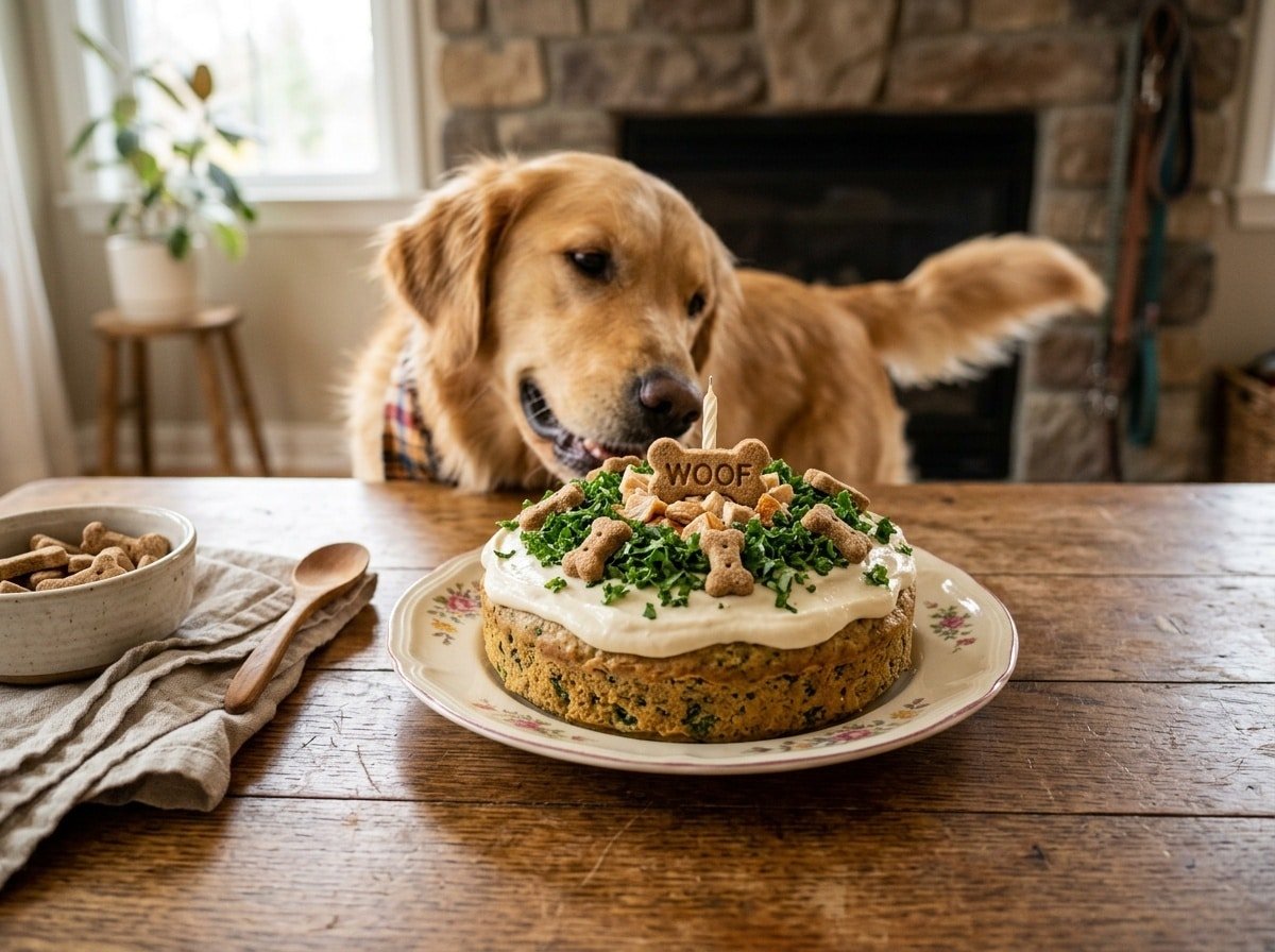 Homemade chicken and kale cake for dogs with Greek yogurt frosting, showcased with a happy dog in the background.