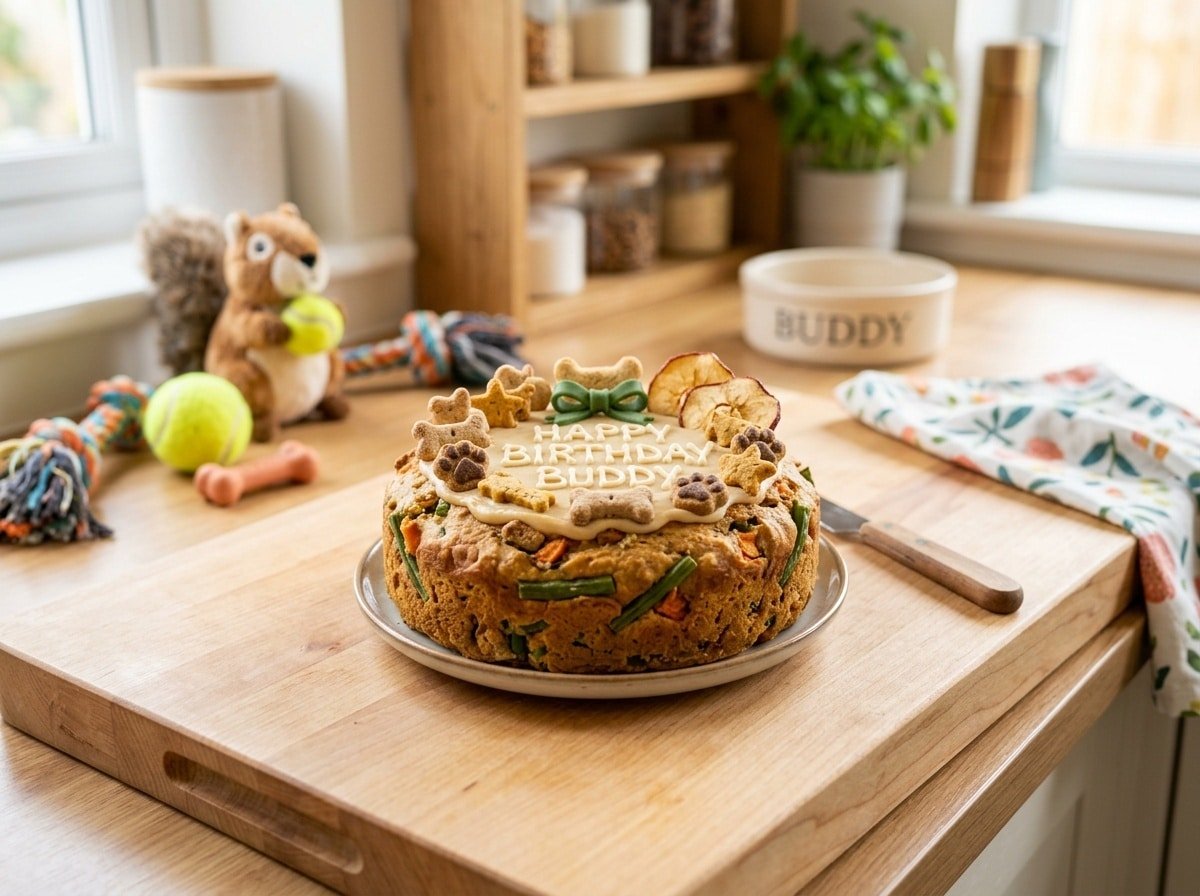 A dog cake made from turkey and green beans, topped with treats, on a kitchen counter.