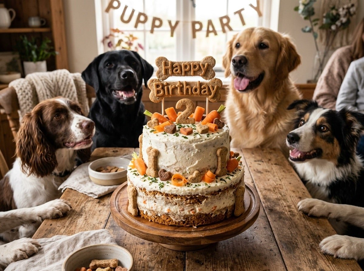 A Lamb & Carrot Cake for Dogs with yogurt frosting and carrots, surrounded by eager dogs.