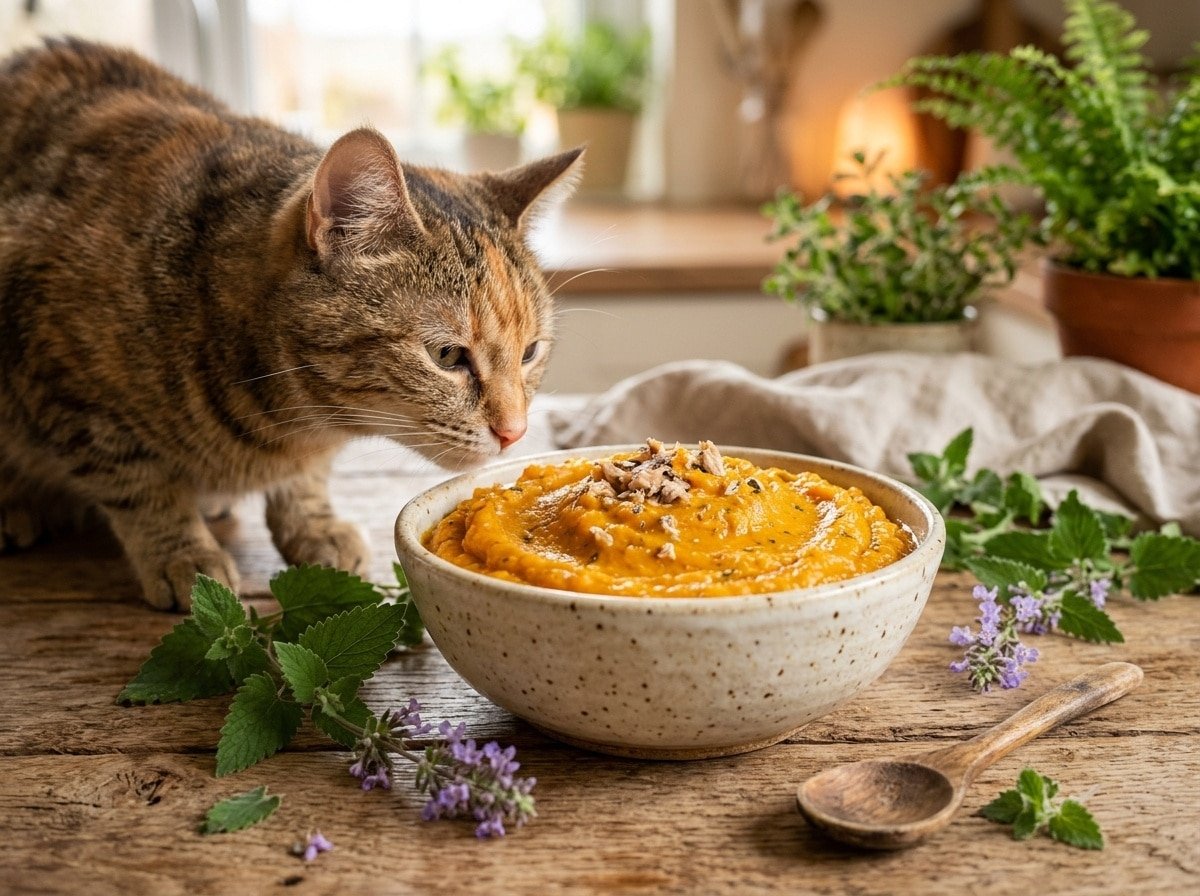 A bowl of sardine and pumpkin mash for cats, with a curious cat in the background, showcasing the wholesome nature of the pet food.