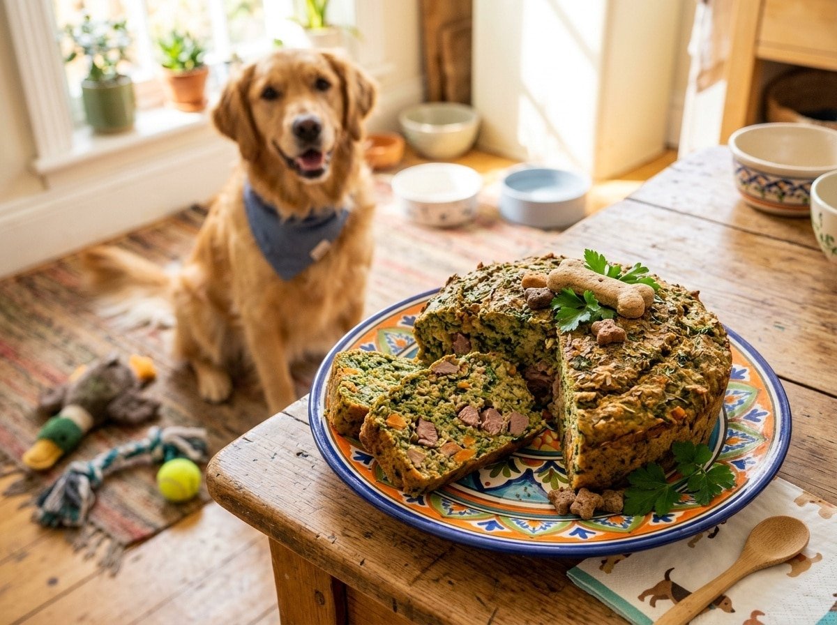 Slice of Duck & Spinach Cake for dogs on a plate, with a dog eagerly waiting for a treat in a sunny kitchen.