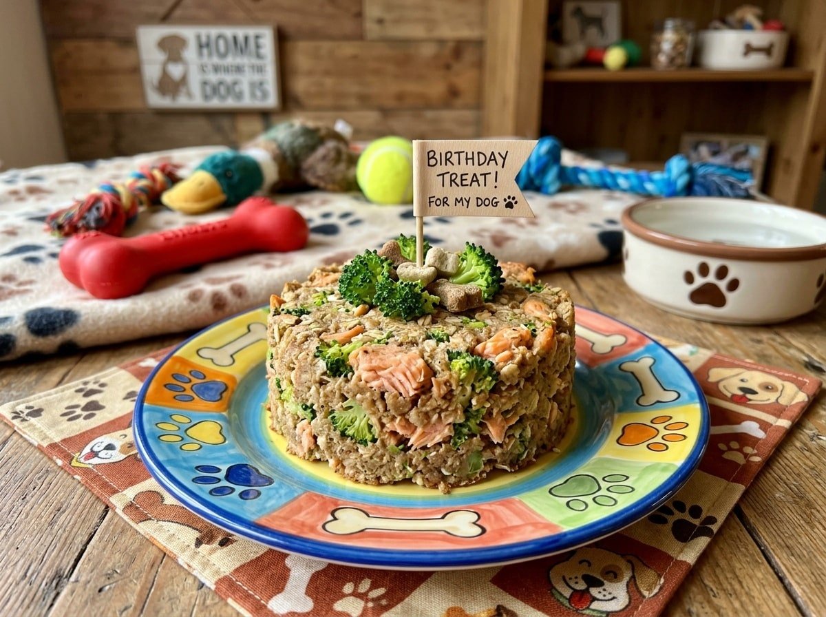 A nutritious Salmon & Broccoli Cake for dogs, showcasing pieces of salmon and broccoli, served on a plate with a playful pet-themed background.