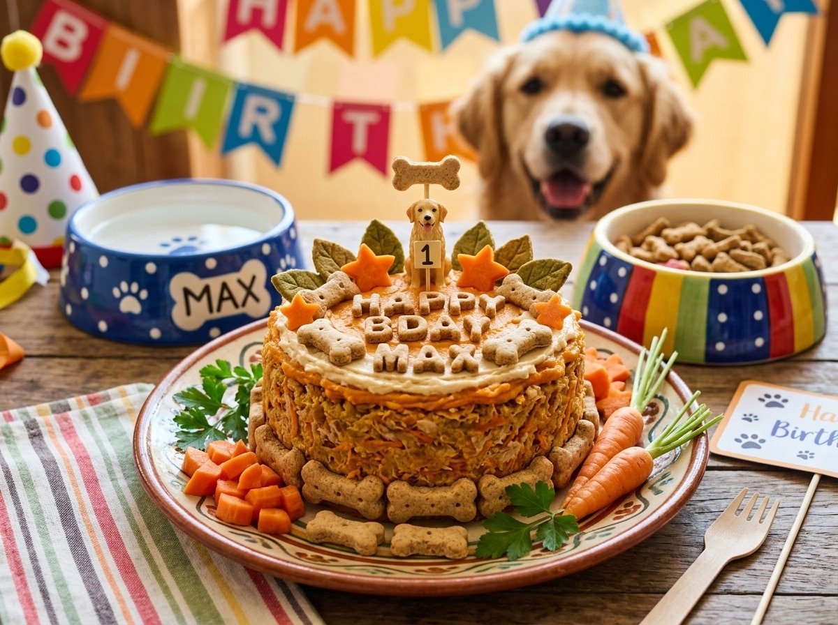 A delicious Tuna & Carrot Cake for dogs on a plate, decorated with treats and fresh carrots.