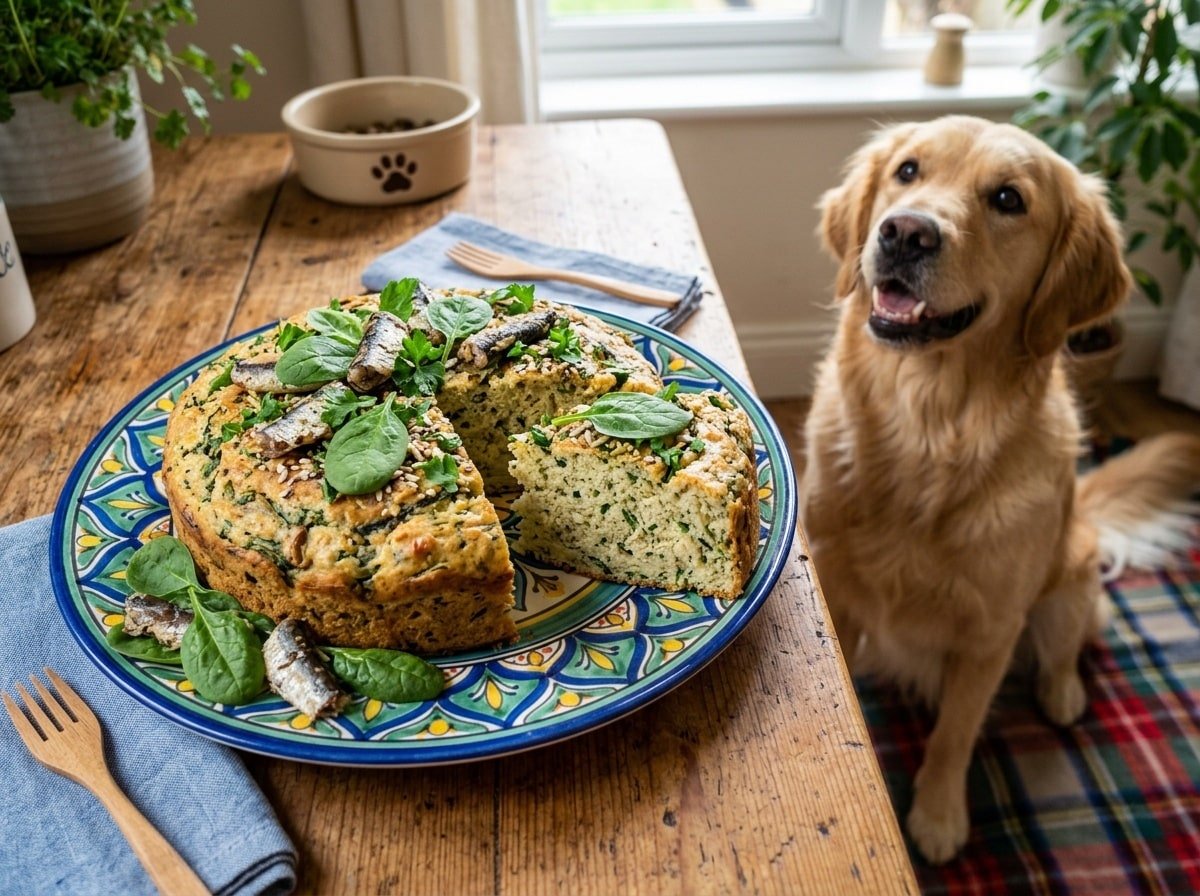 Sardine and spinach dog cake with a slice missing, garnished with spinach, on a wooden table with a happy dog nearby.