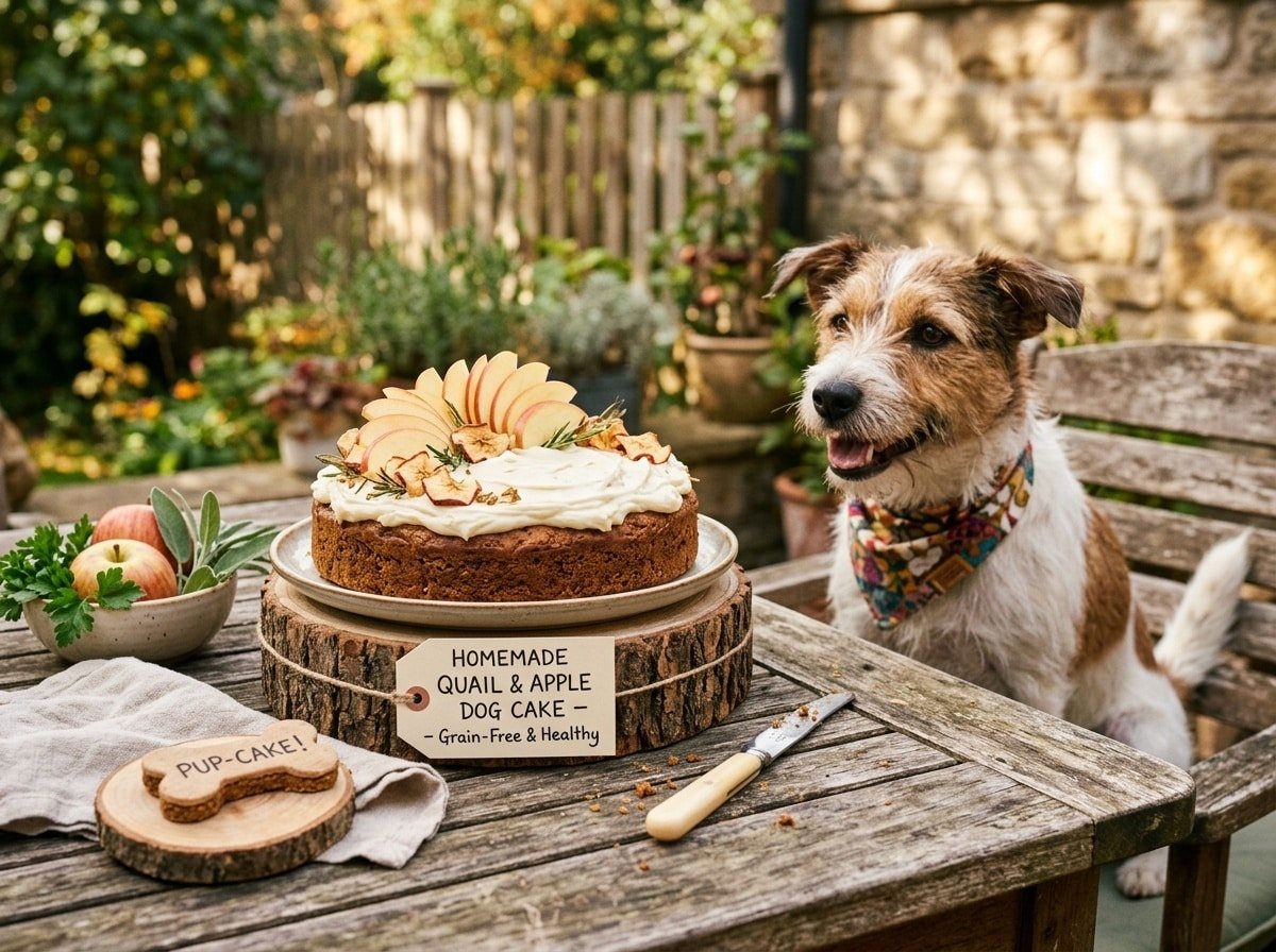 A delicious Quail & Apple Cake for dogs topped with apples on a wooden table, with a dog beside it.