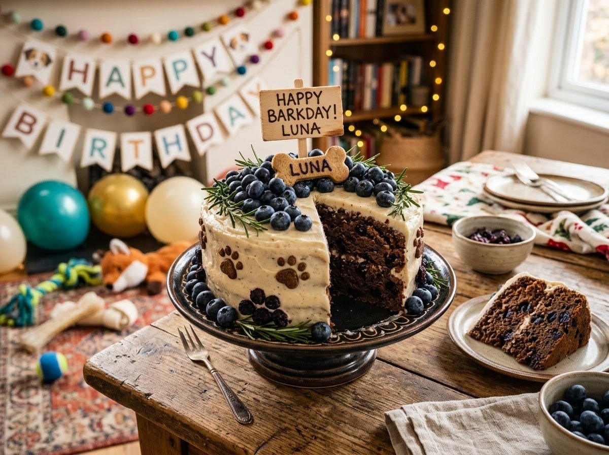 A venison and blueberry dog cake, topped with blueberries, sitting on a wooden table surrounded by dog toys.