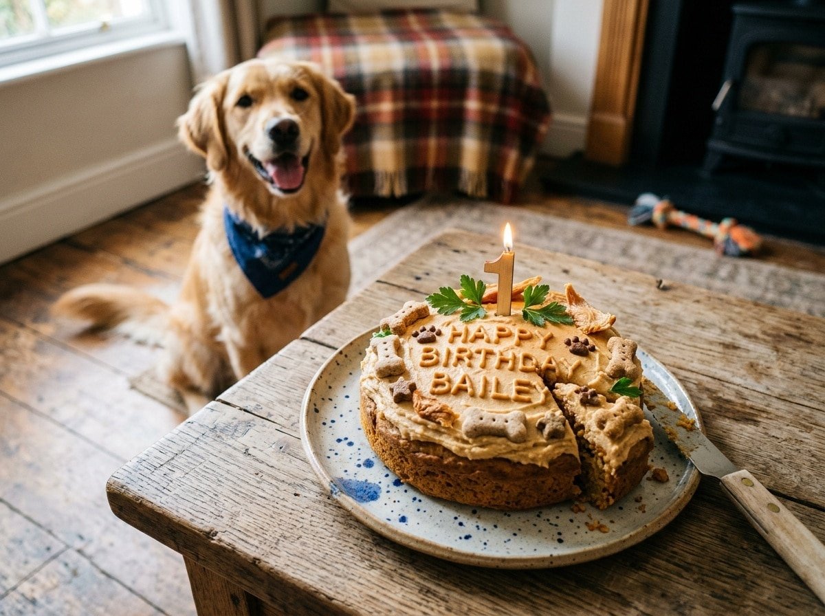A Pork & Pumpkin dog cake frosted with peanut butter, decorated with treats, with a dog in the background looking excited.