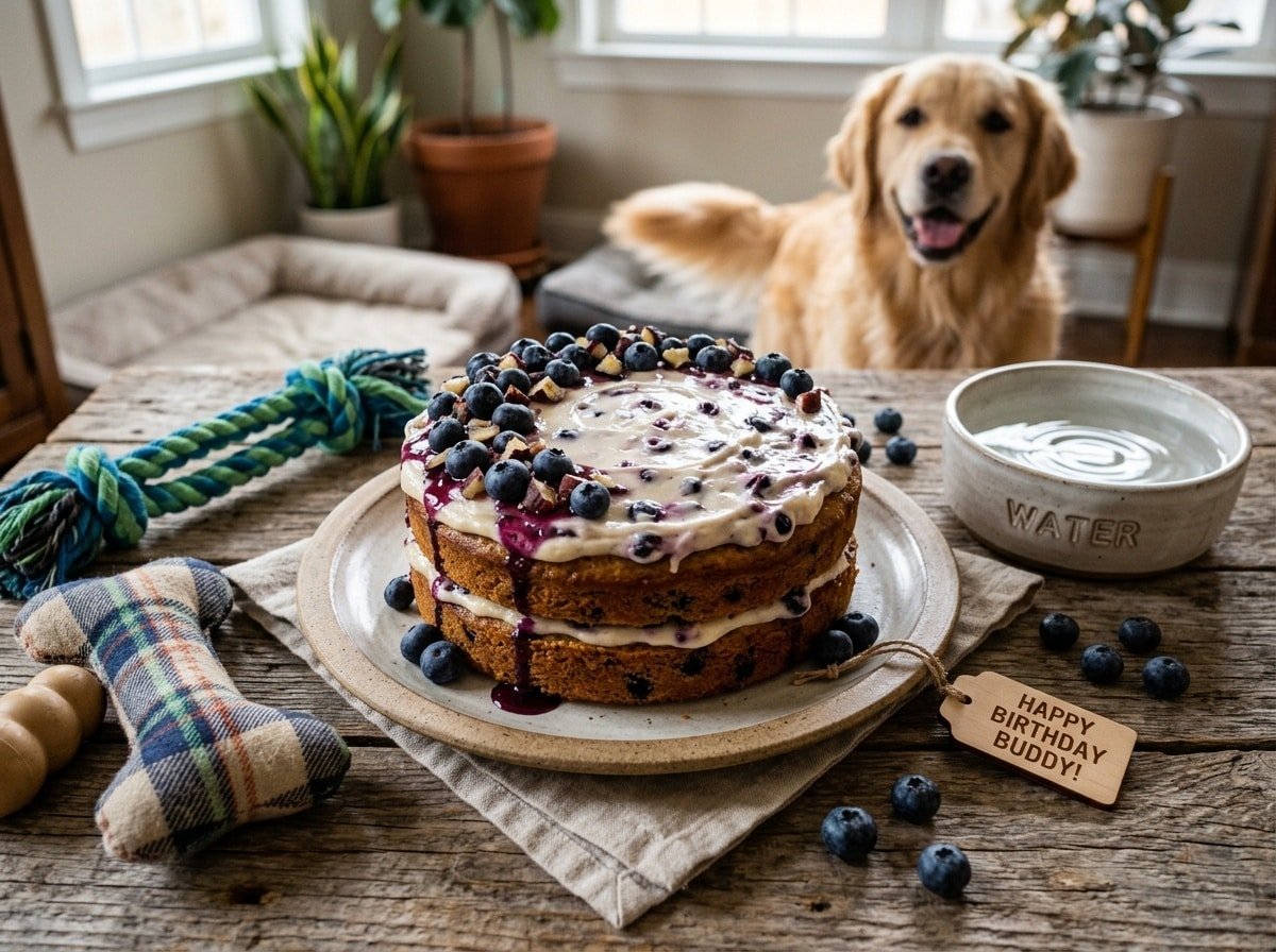 Delicious homemade Chicken & Blueberry Cake for dogs with blueberries on top, presented on a rustic table.