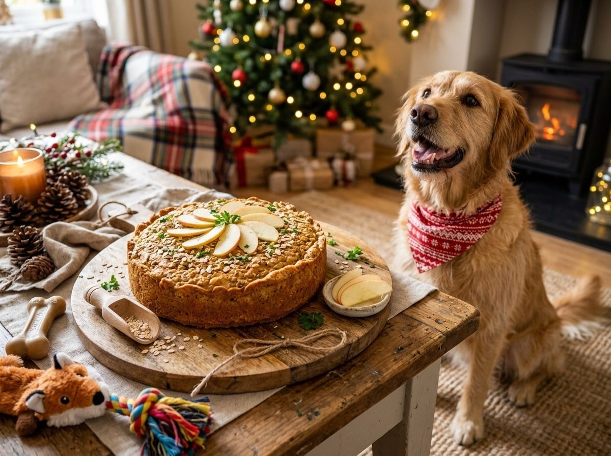 A dog-friendly Turkey & Apple Oat Cake with apple slices on top, surrounded by dog toys and a waiting dog.