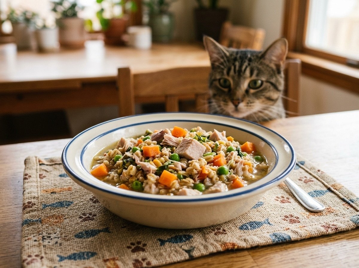A bowl of turkey and oatmeal cat food with chopped carrots and peas, served with a curious cat in the background.