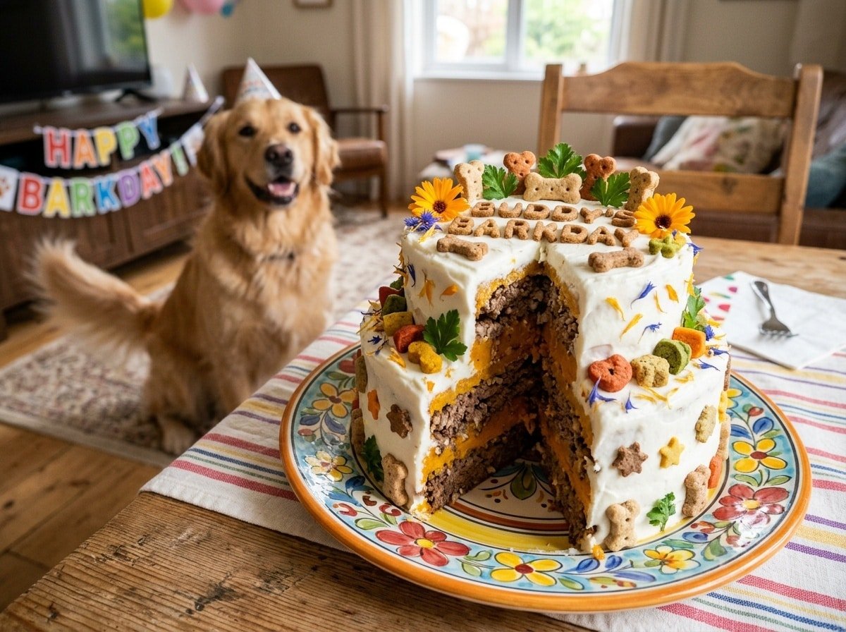 A layered beef and pumpkin cake for dogs, frosted with yogurt and decorated with dog-friendly treats.