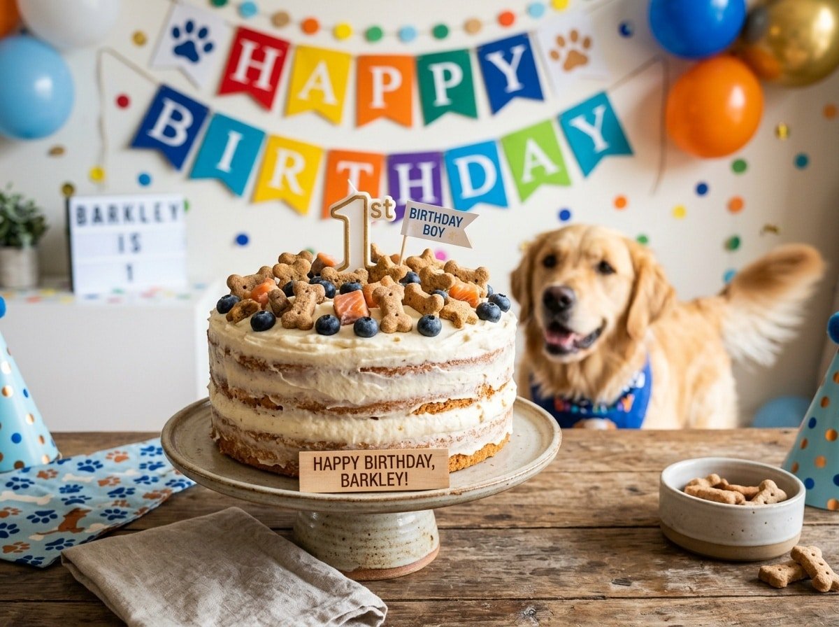 A delightful salmon layer cake for dogs, topped with yogurt frosting, blueberries, and dog treats, ready for a birthday celebration.