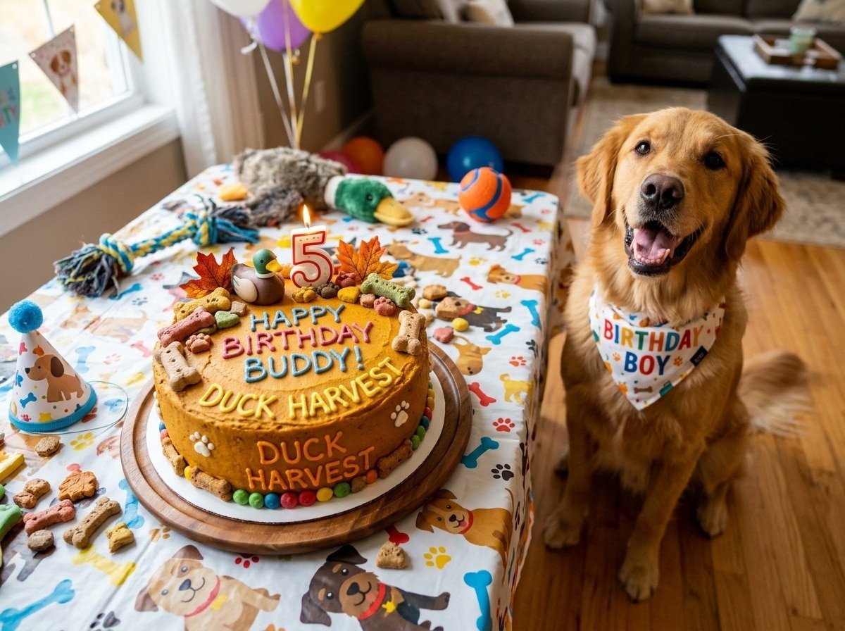 A birthday cake for dogs made with duck and pumpkin, decorated with dog treats and a happy dog by its side.
