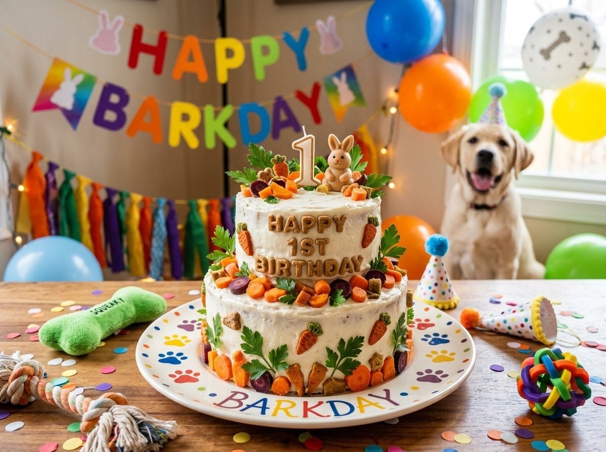 A layered Rabbit Birthday Cake for Dogs, decorated with yogurt frosting and carrot pieces on a decorative plate.