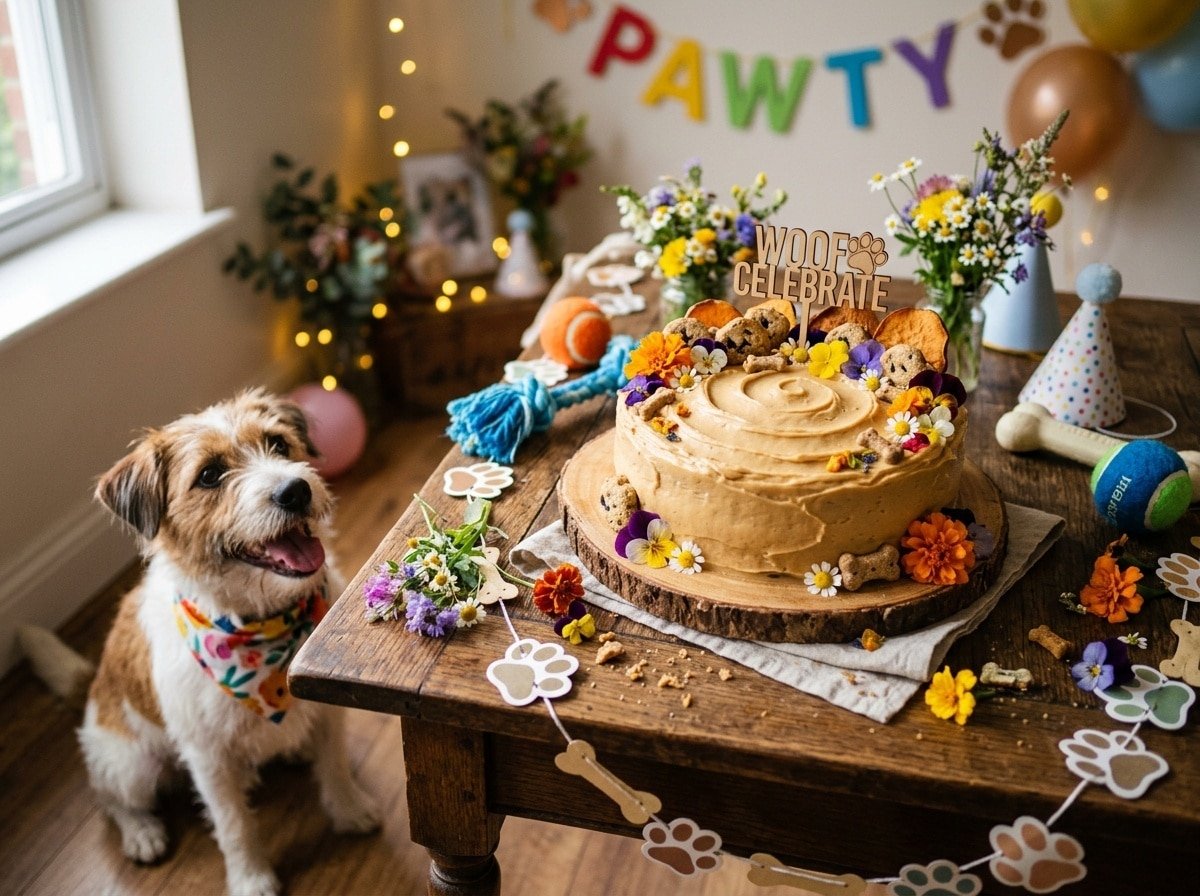Gourmet dog cake made with quail and topped with peanut butter, surrounded by dog toys.