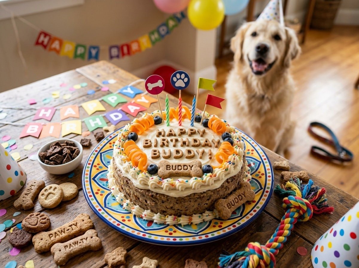 A beautifully decorated venison dog cake with yogurt frosting and carrot strips on a plate, perfect for a dog