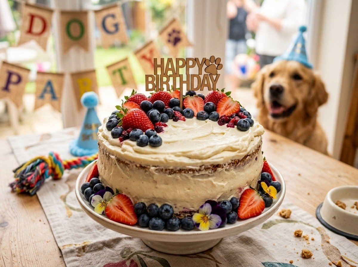 A dog-friendly cottage cheese berry cake with yogurt frosting, decorated with fresh berries, set on a cheerful festive background.