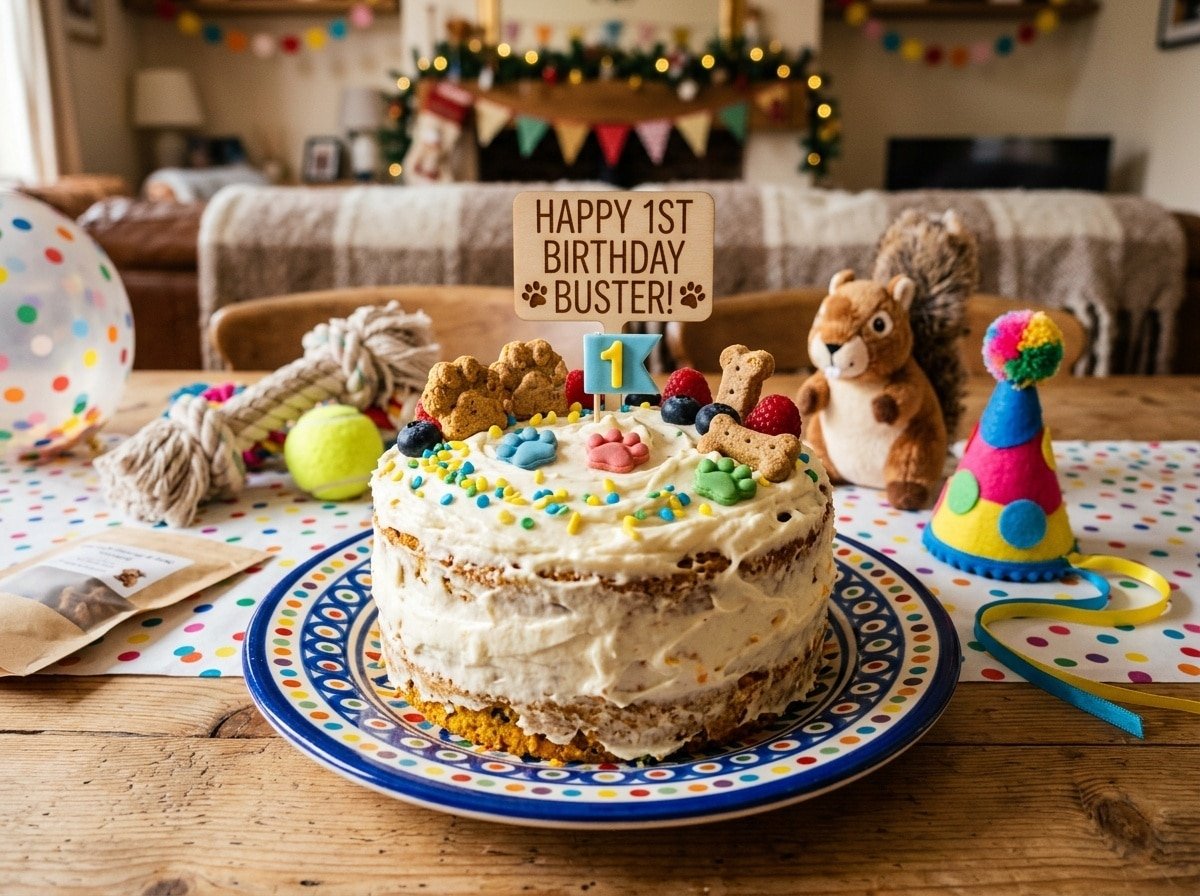 A festive pumpkin coconut birthday cake for dogs, decorated with yogurt frosting and dog-friendly decor.