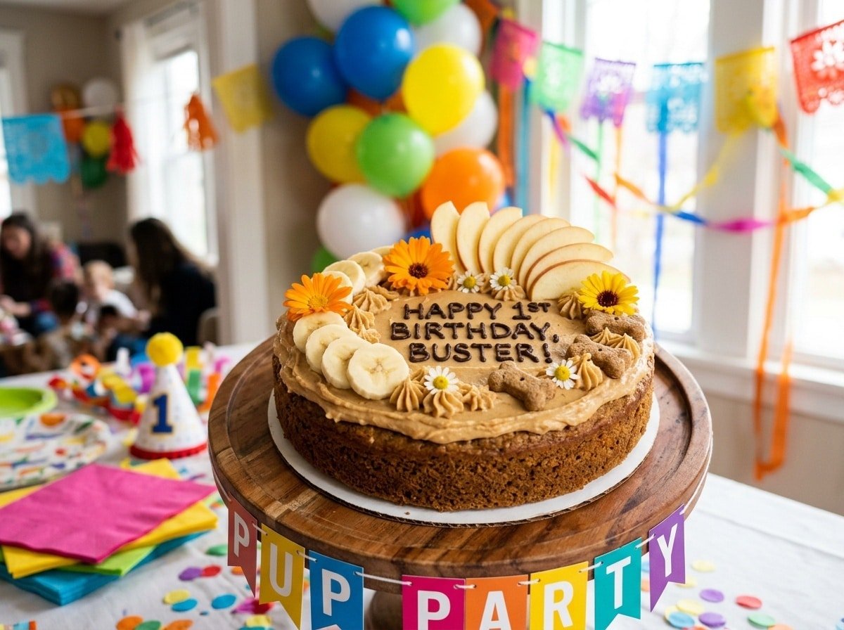 A celebration cake for dogs made with bananas and apples, decorated for a festive occasion.