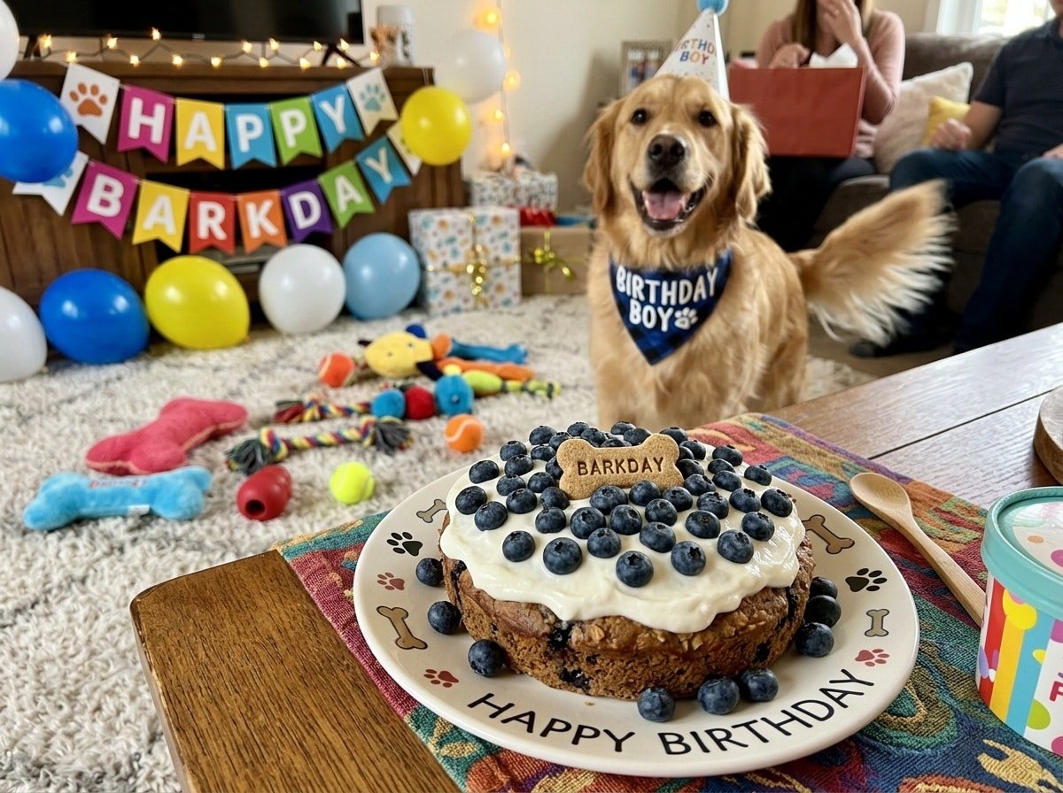 A joyful Blueberry Harvest Cake for dogs, adorned with blueberries and yogurt frosting, perfect for a dog