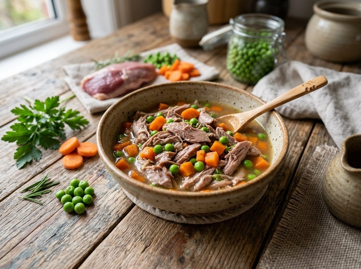 Bowl of homemade cat food with duck and carrots, surrounded by fresh ingredients on a rustic table.
