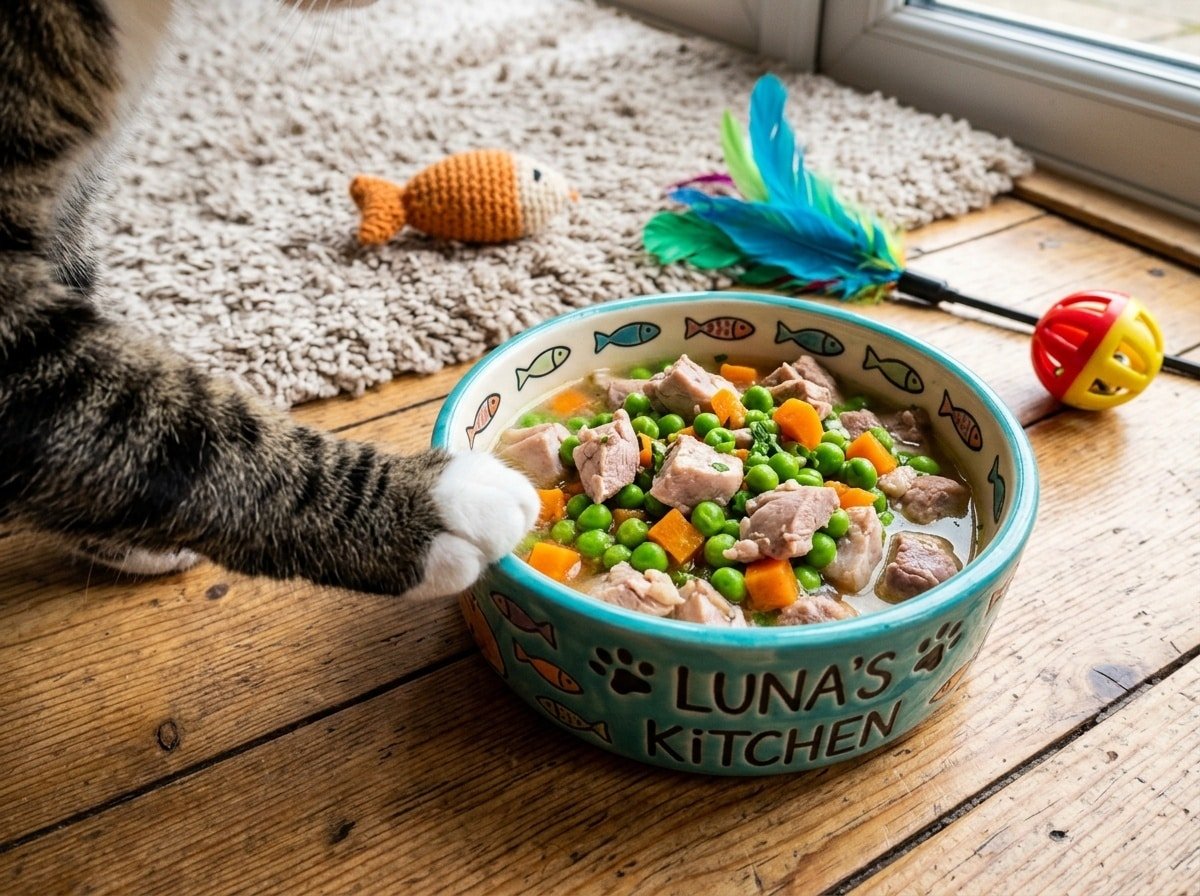A dish of grain-free rabbit and pea dinner for cats, featuring rabbit meat and peas in a colorful bowl with cat toys around.