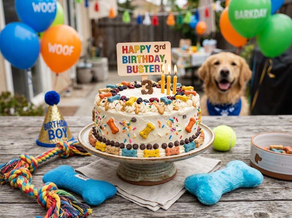 A beautifully decorated carob cake for dogs on a wooden table, adorned with yogurt frosting and carob chips.