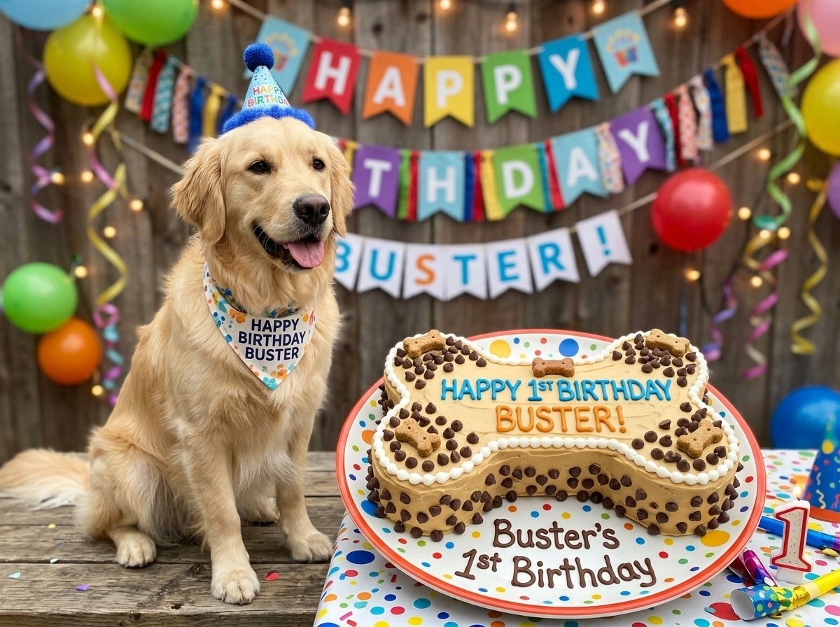 A festive bone-shaped dog cake decorated with frosting and carob chips, ready for a dog
