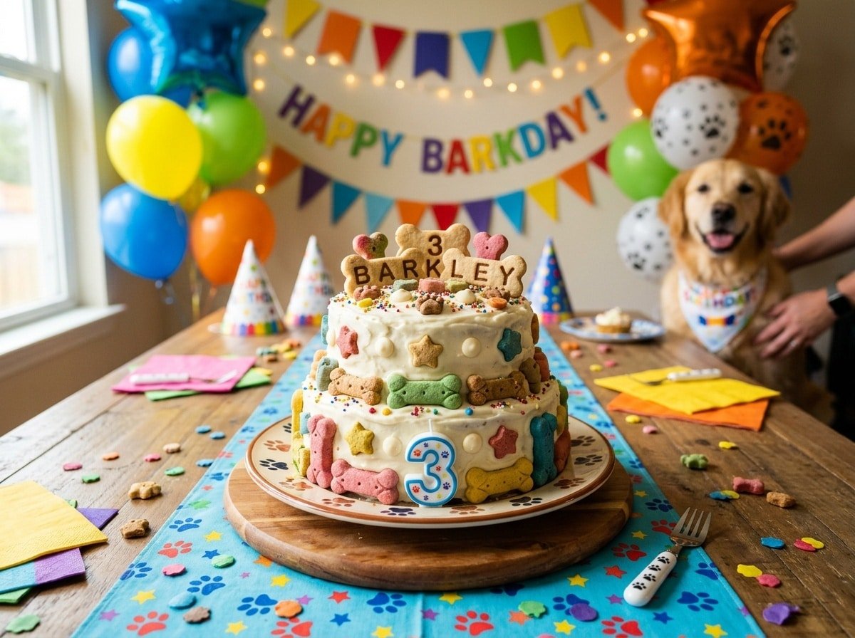 A delightful homemade dog birthday cake topped with yogurt frosting and dog treats, surrounded by festive decorations.