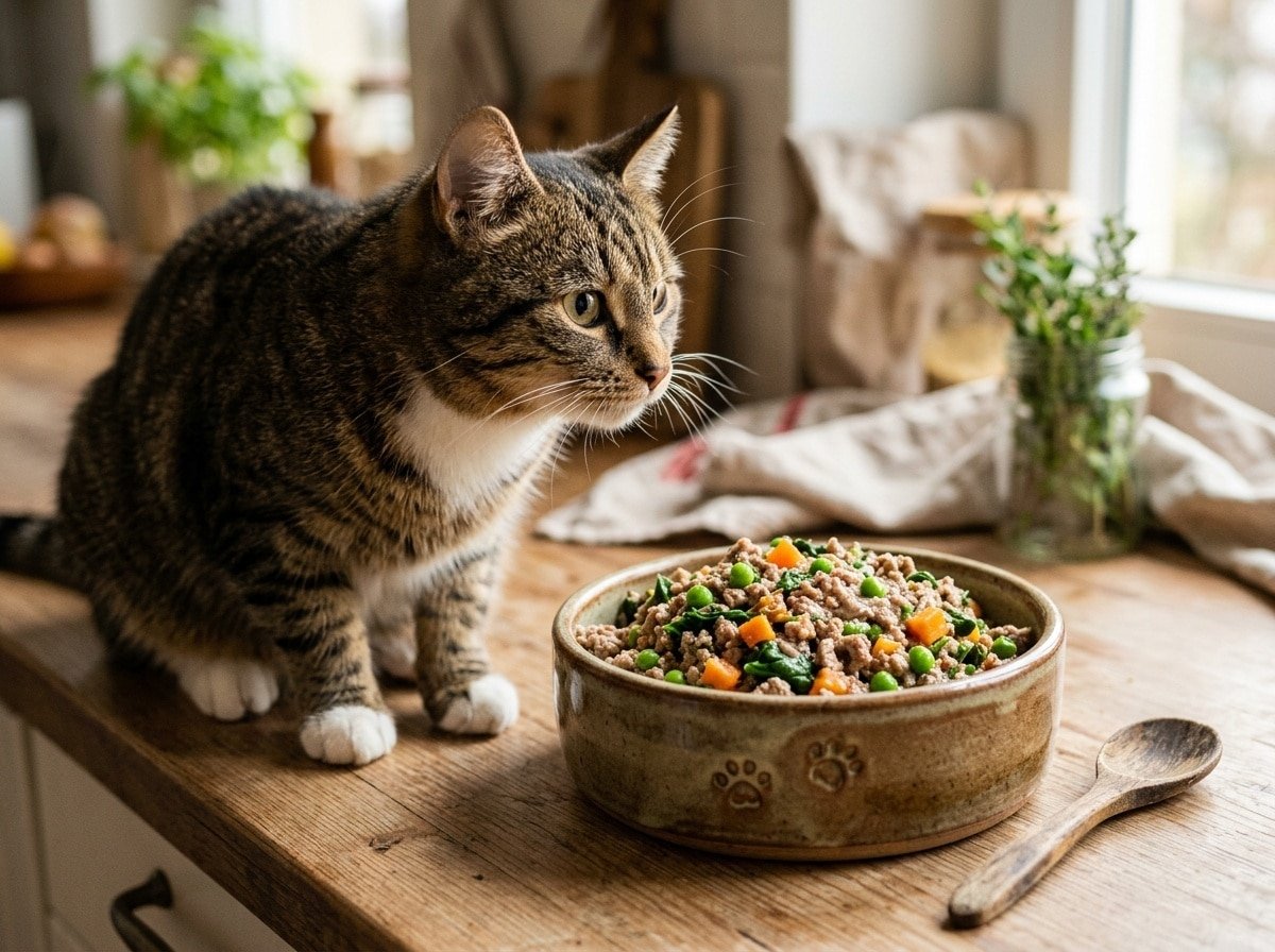 Homemade cat food with rabbit, spinach, carrots, and peas in a bowl, with a curious cat nearby.