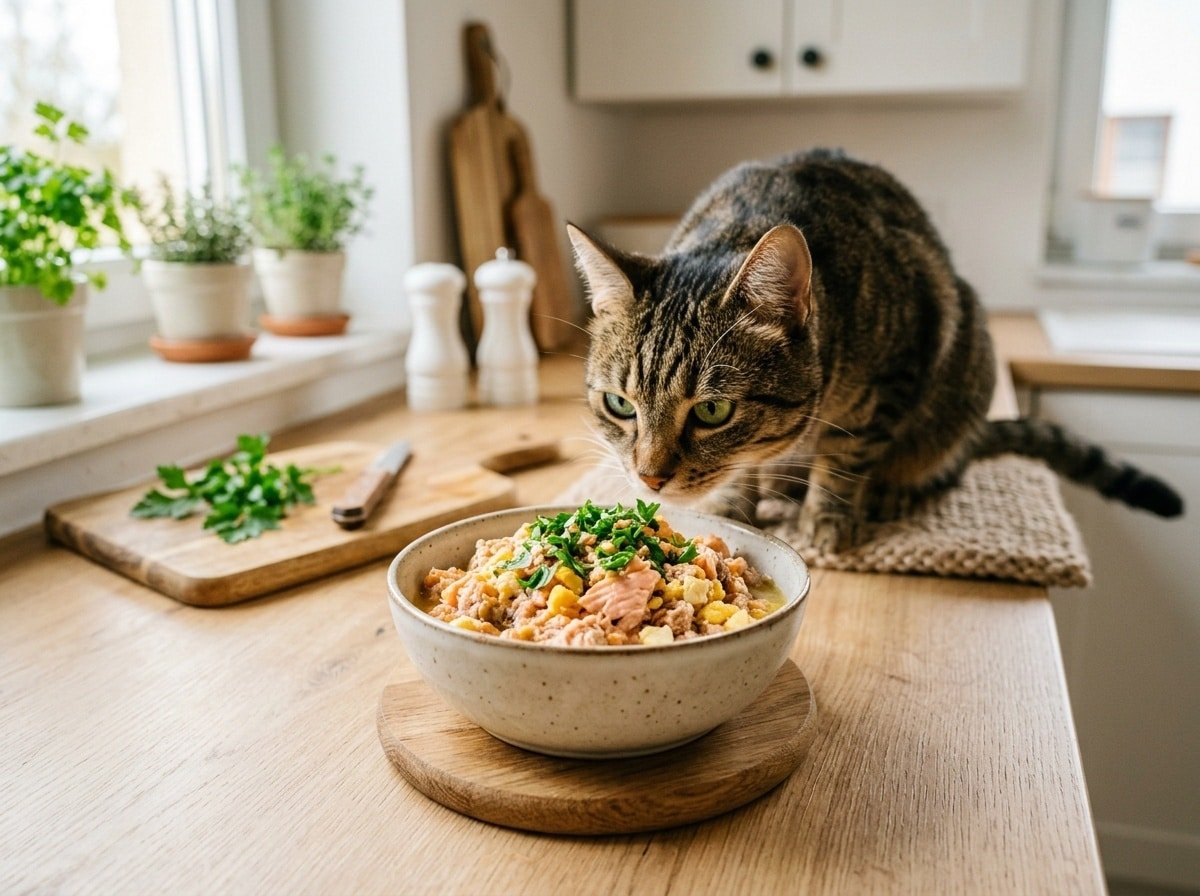 Bowl of homemade salmon and egg yolk cat food, with a content cat in the background.