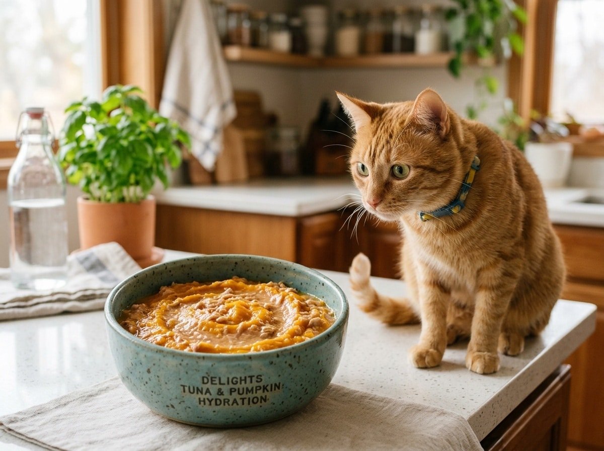 Bowl of Tuna & Pumpkin Hydration mix for cats, with a cat eagerly waiting nearby.