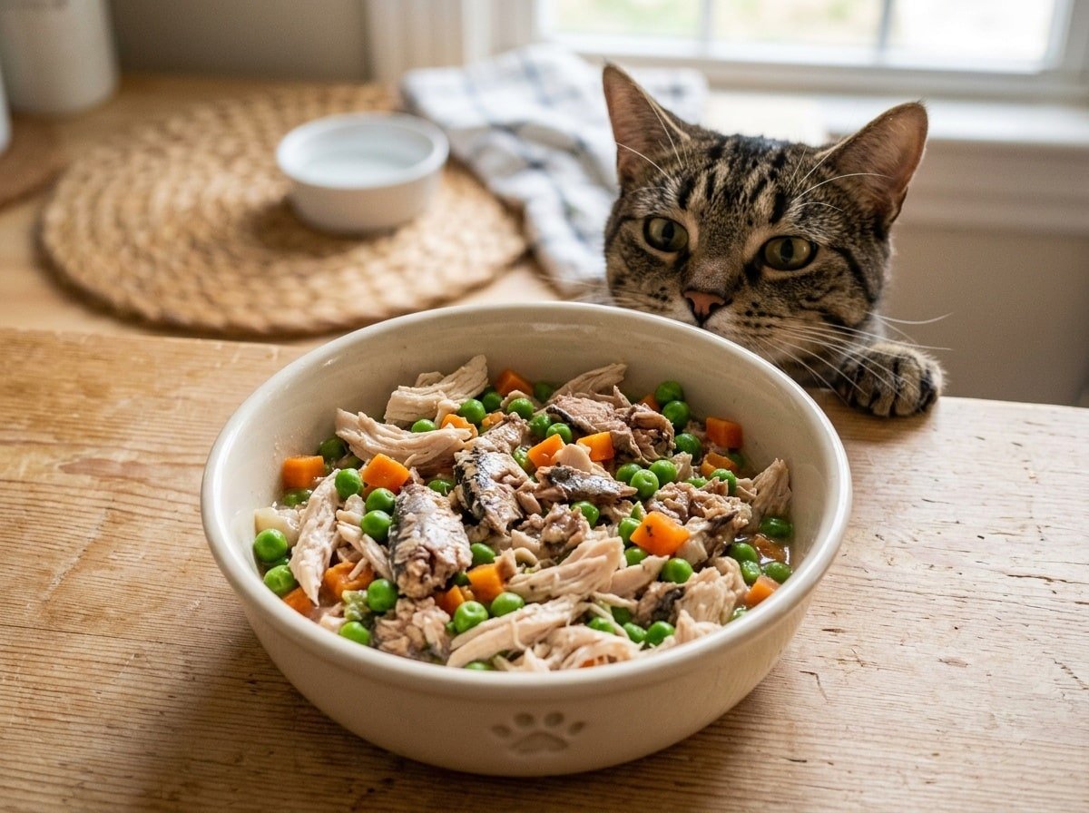 A bowl of chicken and sardine mix for cats, with vegetables, on a wooden table, and a curious cat nearby.