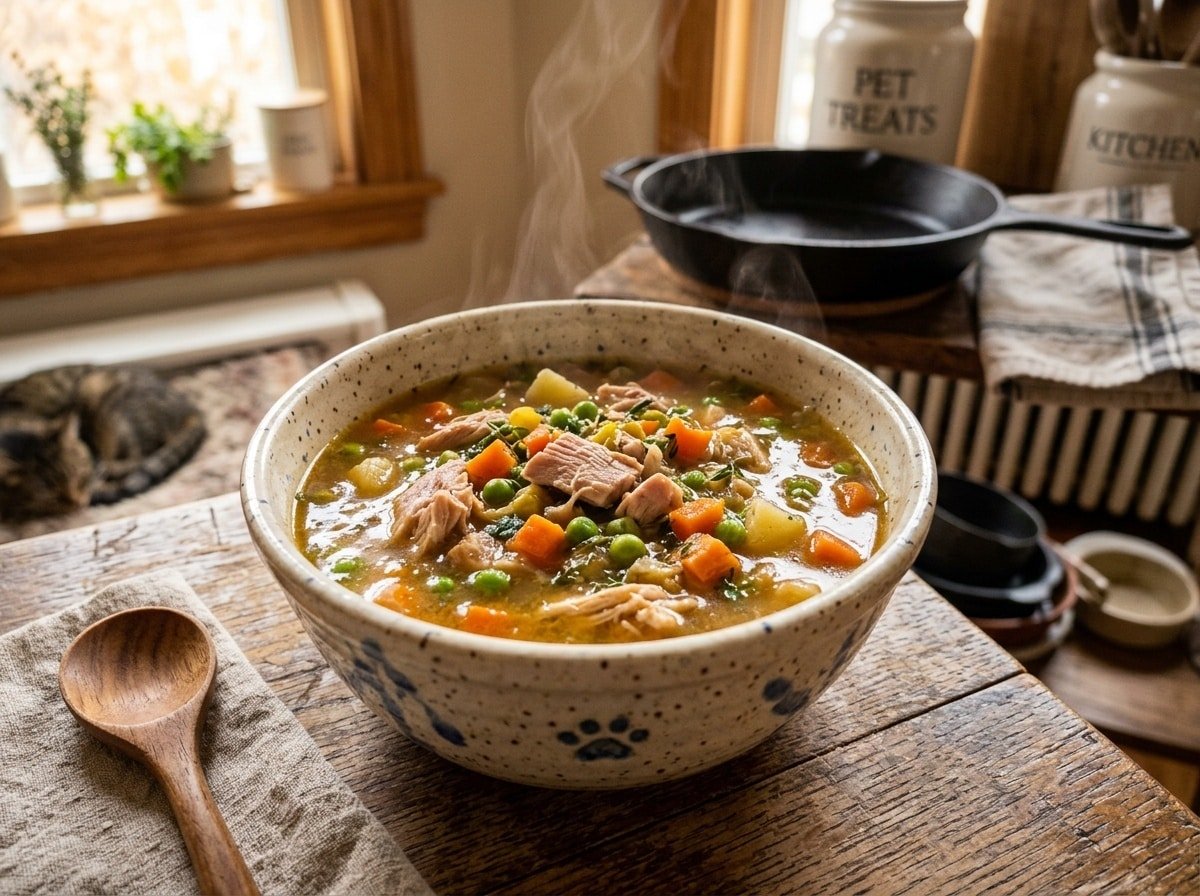 Turkey & Bone Broth Comfort Stew for Cats in a bowl, featuring turkey and vegetables.