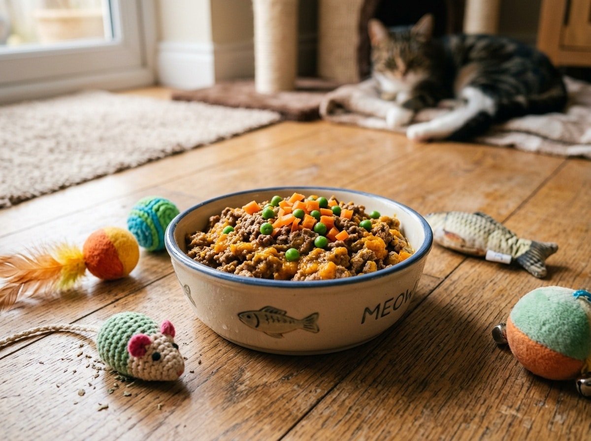 A colorful bowl of homemade grain-free venison and pumpkin cat food, placed on a surface with cat toys.
