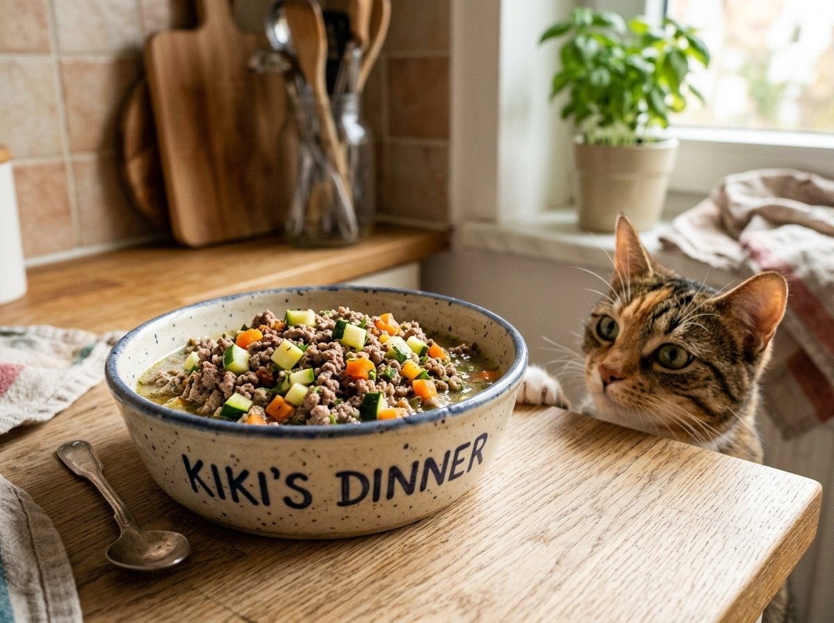 Homemade beef and zucchini cat food in a bowl with a curious cat in the background.