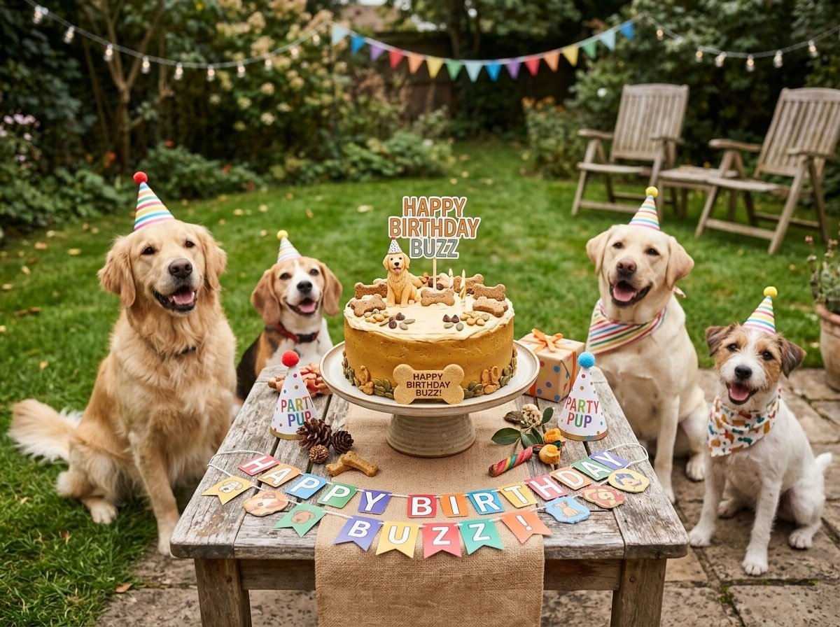 A decorated dog cake made with lamb and pumpkin, topped with frosting and carob chips, with eager dogs in the background.