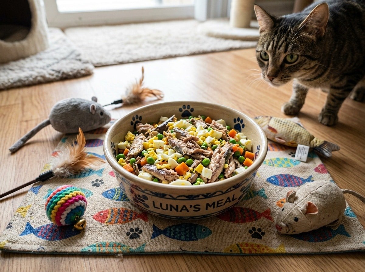 A bowl of homemade sardine and egg cat food, featuring pieces of sardines and eggs with green peas and carrots.